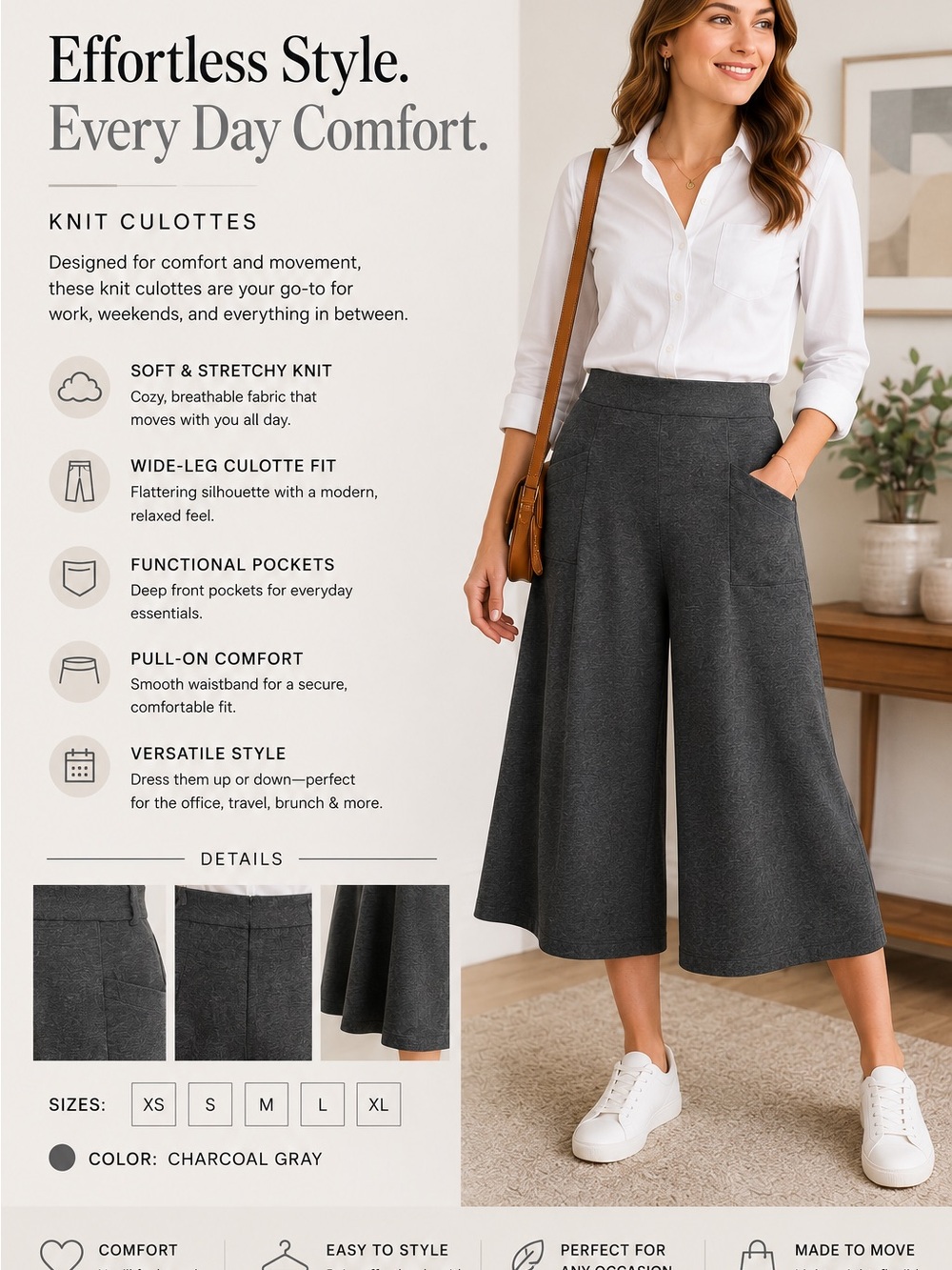 Charcoal Gray Knit Wide-Leg Culotte Pants size 12
